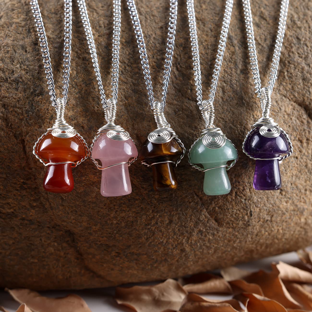 Tsnamer Mushroom Crystal Necklace Wire Wrapped Crystal Mushroom Pendant Necklace for Women Jewelry Gifts (Amethyst Silver)