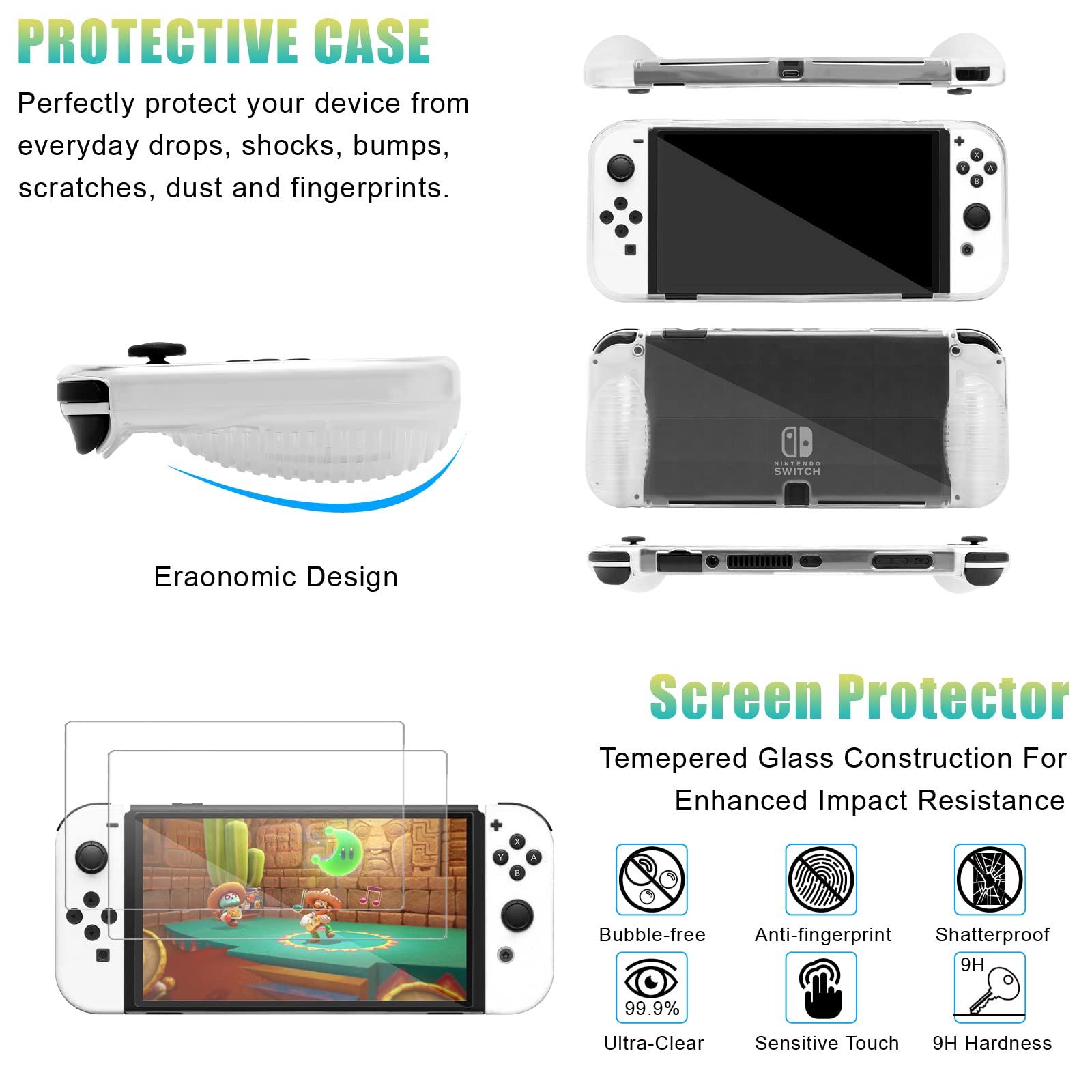 Switch OLED Accessories Bundle Kit with Carrying Case,TPU Cover,Screen Protector,Charging Dock, Silicone Skin,Playstand,USB Cable, Game Case,Grip and Steering Wheel & Caps for Nintendo Switch OLED