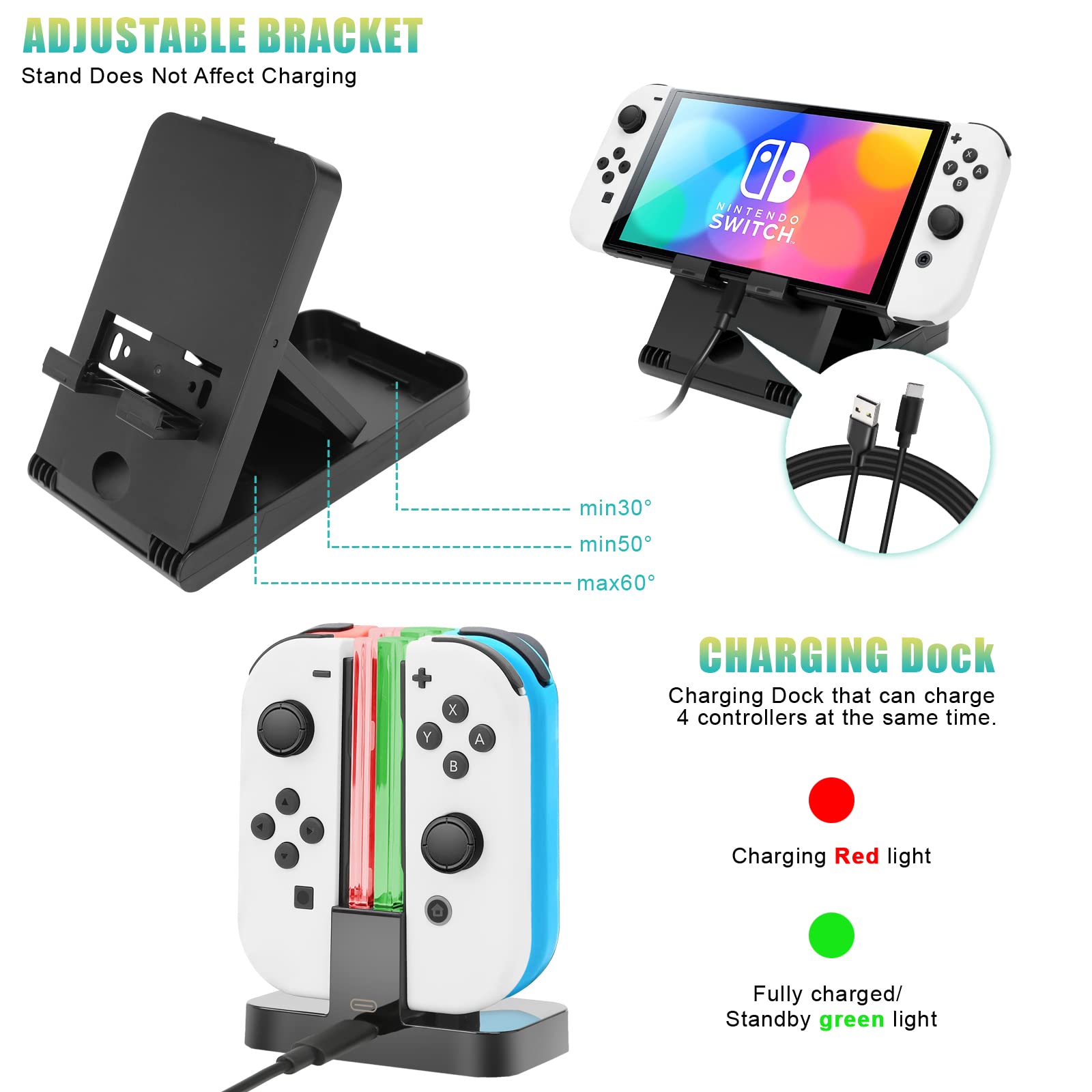 Switch OLED Accessories Bundle Kit with Carrying Case,TPU Cover,Screen Protector,Charging Dock, Silicone Skin,Playstand,USB Cable, Game Case,Grip and Steering Wheel & Caps for Nintendo Switch OLED