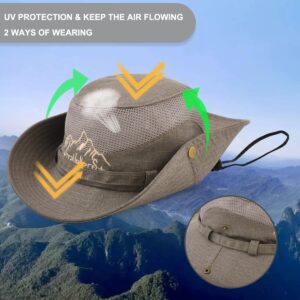 KeepSa Sun Hat for Men, Cotton Embroidery Summer Outdoor Sun Protection Wide Brim Bucket Hat Foldable Safari Boonie Hat Khaki