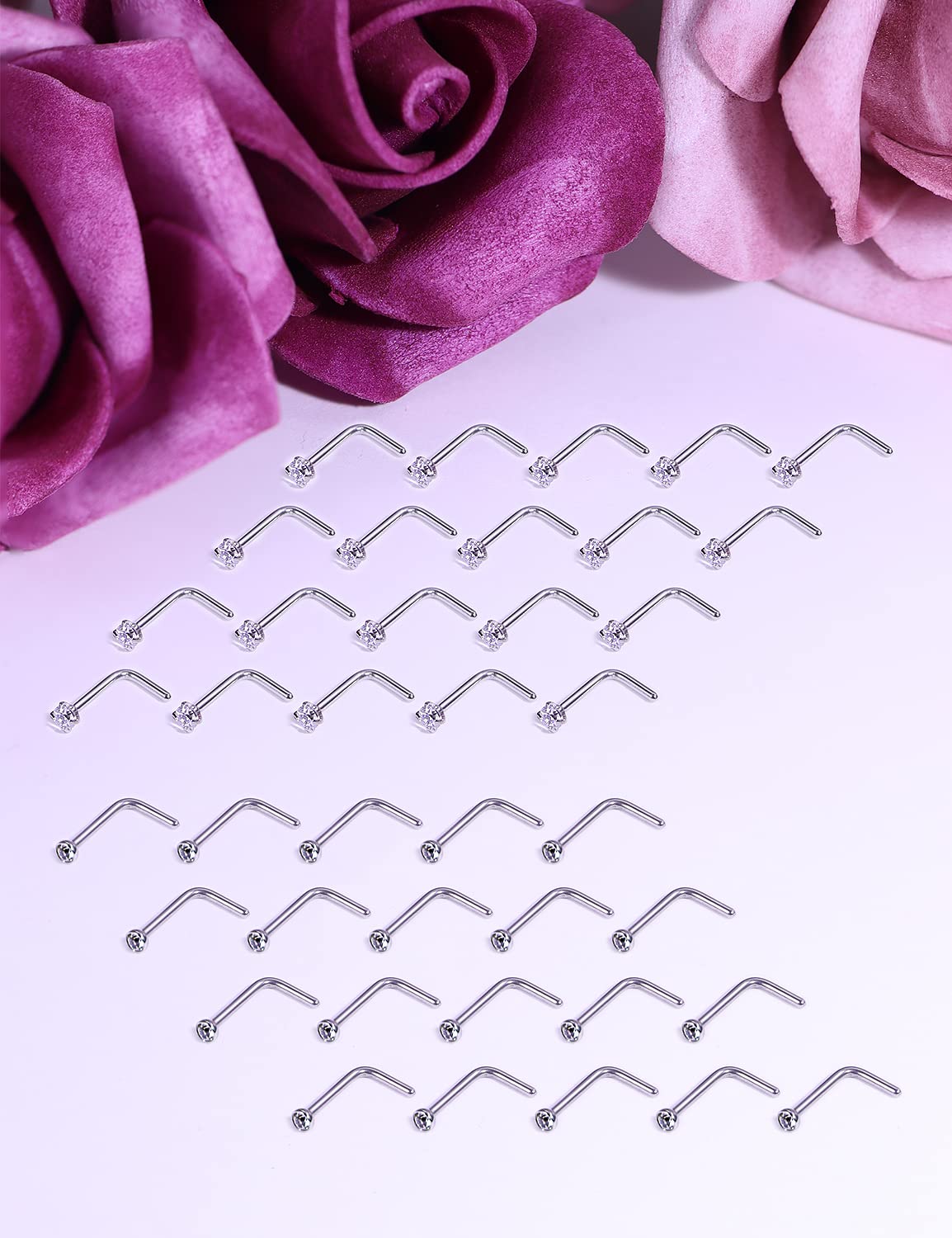 Vsnnsns 20G Nose Rings for Women Men 316L Surgical Stainless Steel L Shaped Nose Studs Screw Bone Nose Rings Piercings 20 Gauge Nostril Piercing Nose Studs Jewelry Diamond CZ 2mm Silver