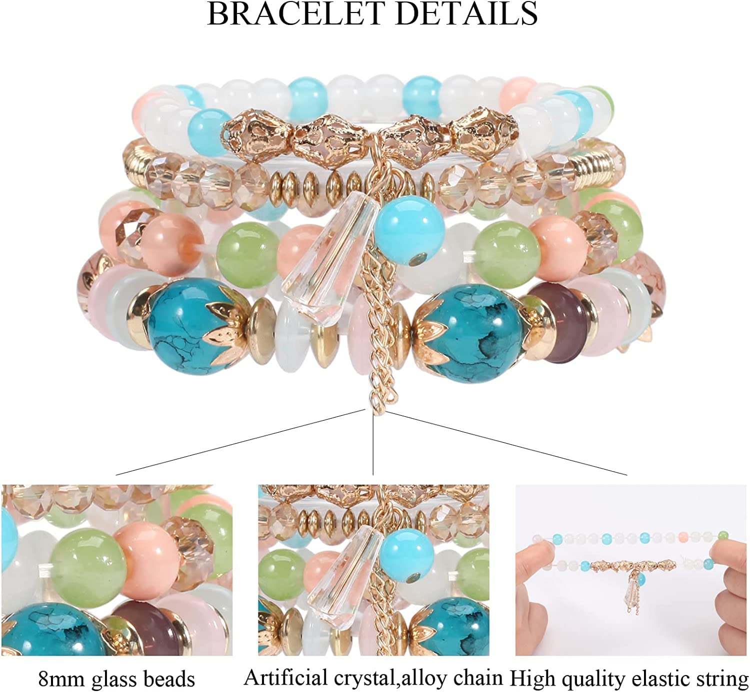 8 Packs Beaded Bracelet Bohe Multilayer Chain Tassel Stackable Charm Stretch Statement Bracelet Set