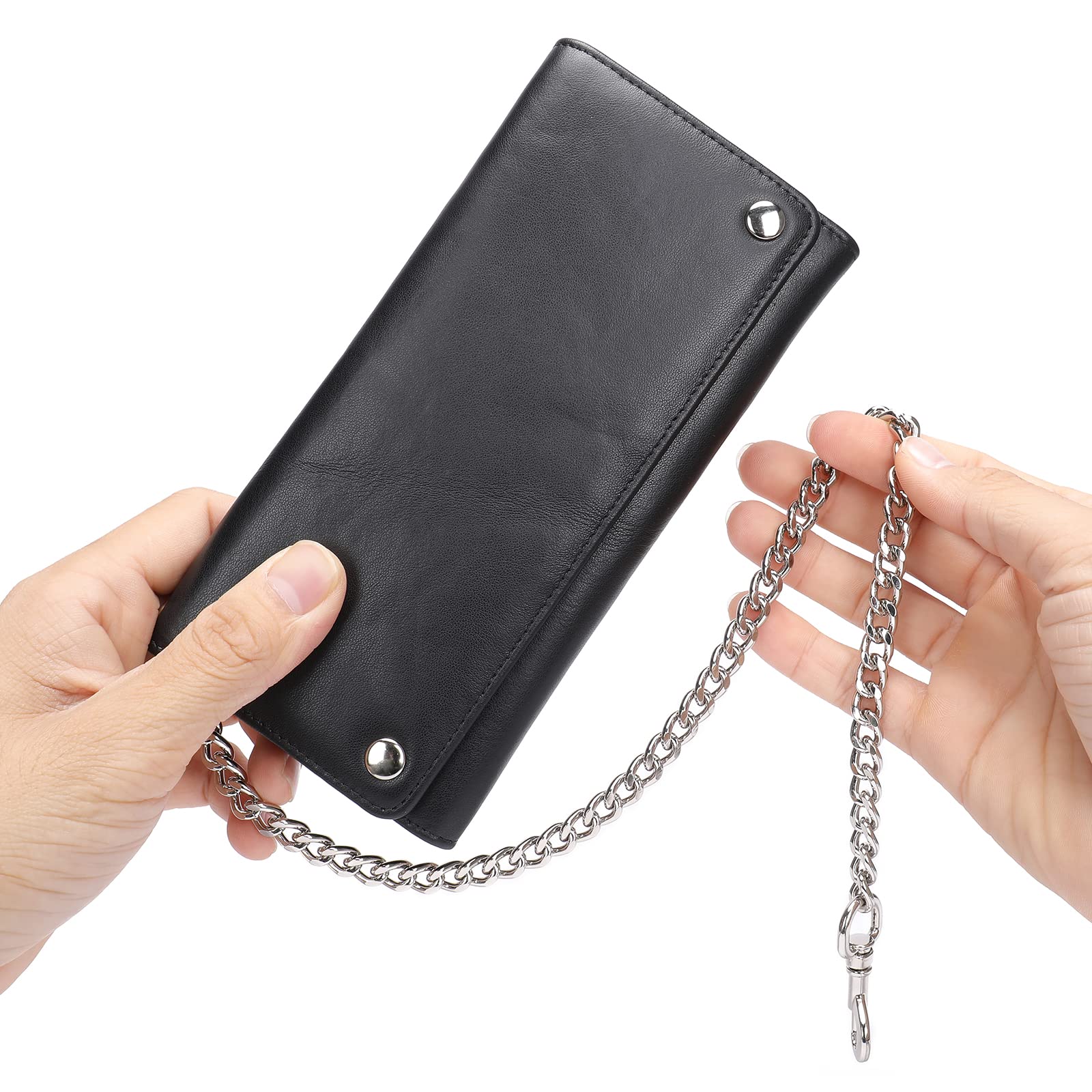 NIUCUNZH Mens Genuine Leather Trifold Wallet with Chain, Biker Trucker wallet with Long Heavy Duty Chain Black