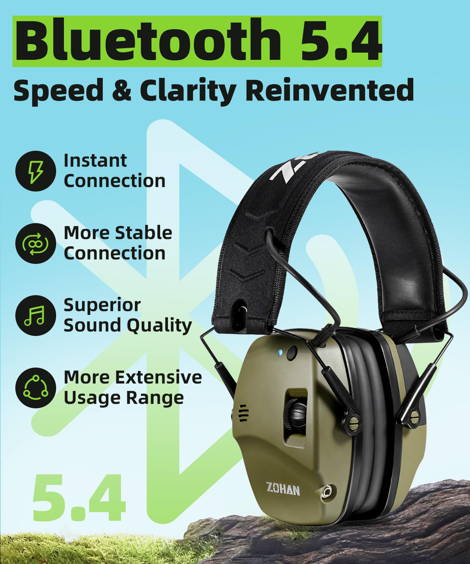 ZOHAN 035 Bluetooth 5.4 Shooting Ear Protection Earmuff, Active Noise Canceling, Hearing Protection with Sound Amplification