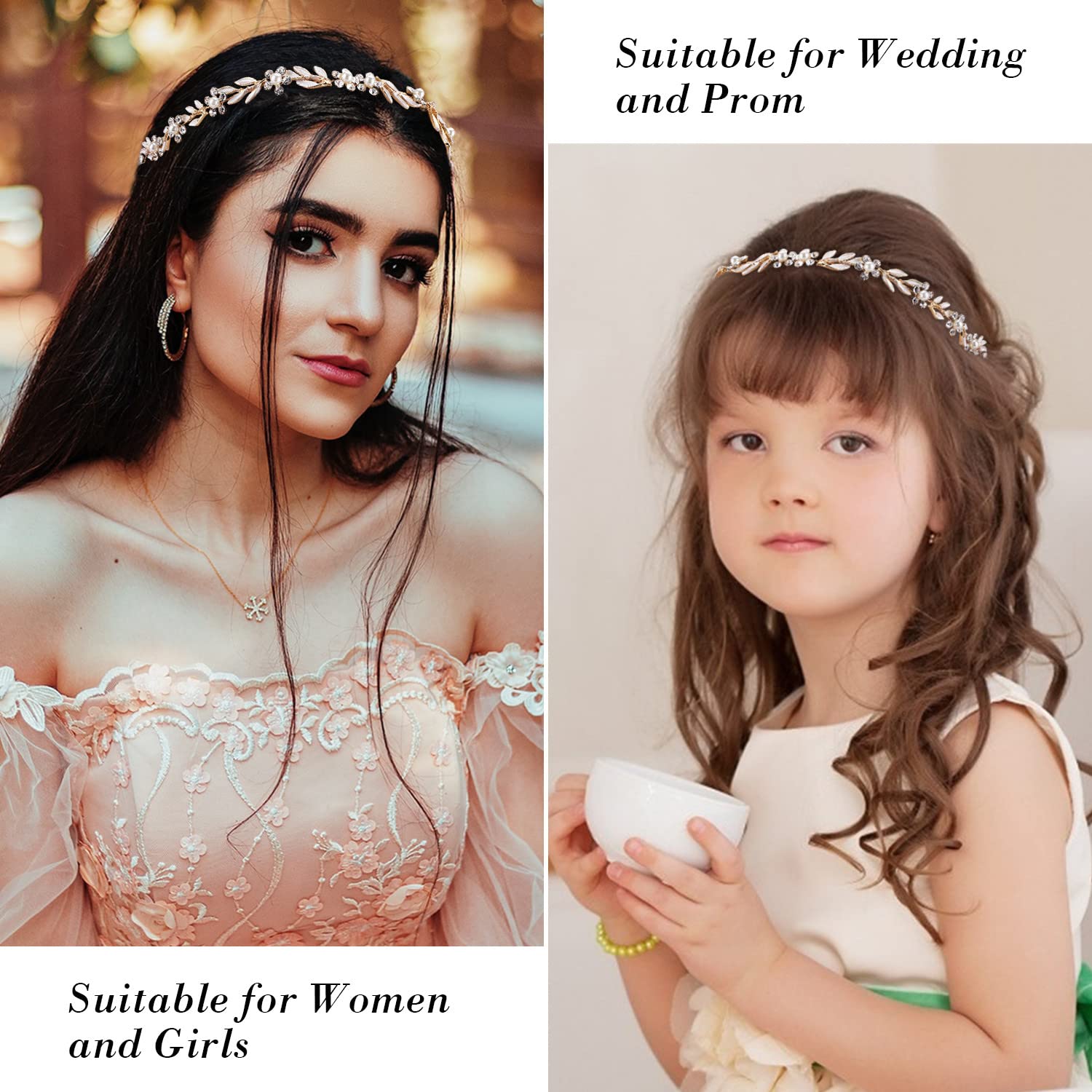 Didder Bride Leaf Pearl Crystal Gold Hair Vine Headband with Flowers - Wedding Bridal Headpiece Jewelry for Women and Girls