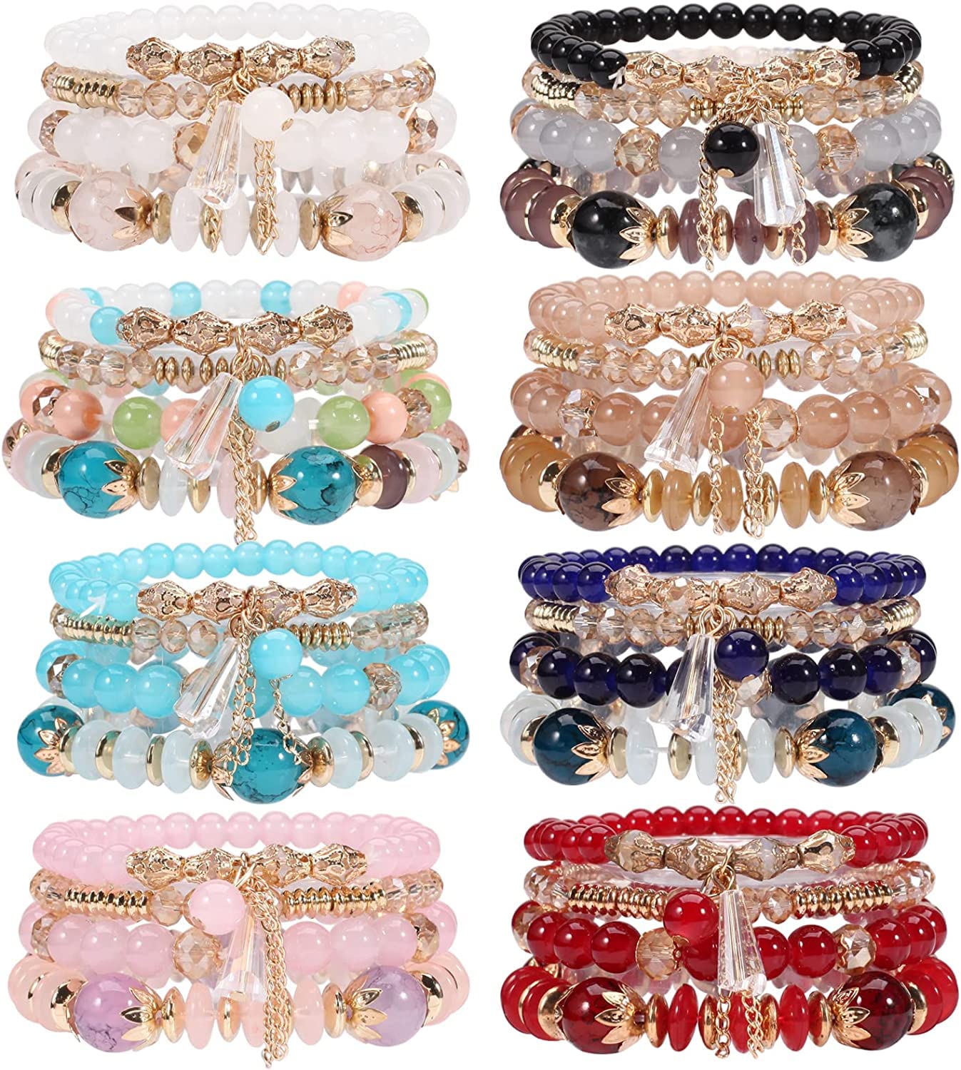 8 Packs Beaded Bracelet Bohe Multilayer Chain Tassel Stackable Charm Stretch Statement Bracelet Set