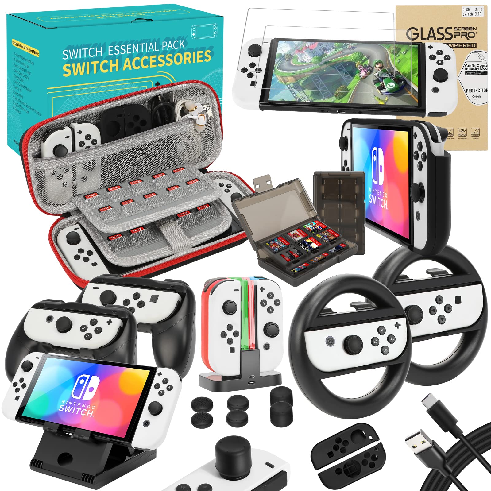 Accessories Kit for Nintendo Switch OLED Games Bundle Carrying Case Screen Protector TPU Case Charging Dock Playstand Game Case USB Cable J-Con Wheels Grips Skin Caps for Nintendo Switch OLED(21 in 1)