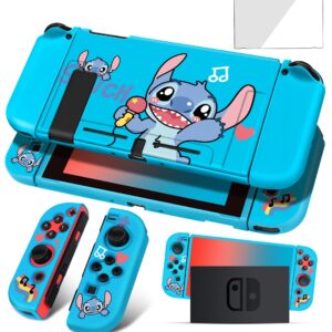 oqpa for Nintendo Switch Case Cute Kawaii Cartoon Design Cover, Fun Funny Switch Game Shell for Girls Kids Screen Protector Glass + TPU Soft Cases for Nintendo Switch (Blue Stitc)