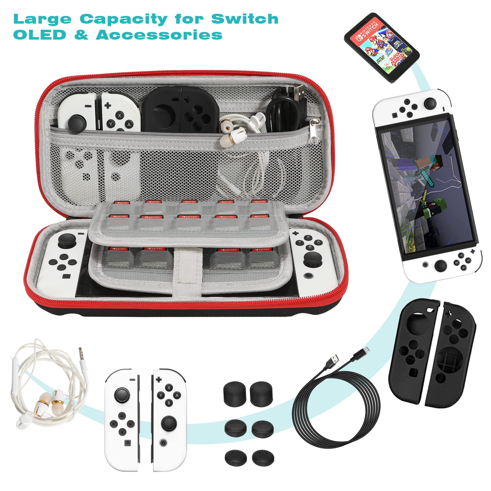 Accessories Kit for Nintendo Switch OLED Games Bundle Carrying Case Screen Protector TPU Case Charging Dock Playstand Game Case USB Cable J-Con Wheels Grips Skin Caps for Nintendo Switch OLED(21 in 1)