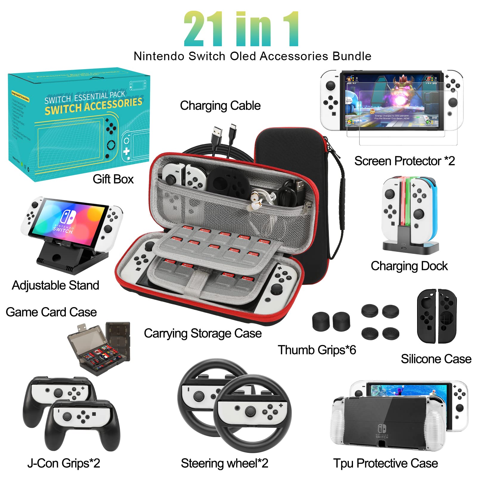 Switch OLED Accessories Bundle Kit with Carrying Case,TPU Cover,Screen Protector,Charging Dock, Silicone Skin,Playstand,USB Cable, Game Case,Grip and Steering Wheel & Caps for Nintendo Switch OLED