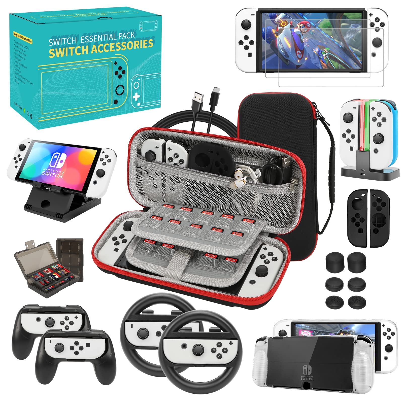 Switch OLED Accessories Bundle Kit with Carrying Case,TPU Cover,Screen Protector,Charging Dock, Silicone Skin,Playstand,USB Cable, Game Case,Grip and Steering Wheel & Caps for Nintendo Switch OLED