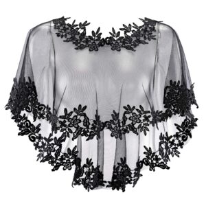 CHIC DIARY Lace Wedding Shawl Wrap for Women Evening Cape Bridal Shoulder Covers UP Scarf for Dress Prom Party (Black)