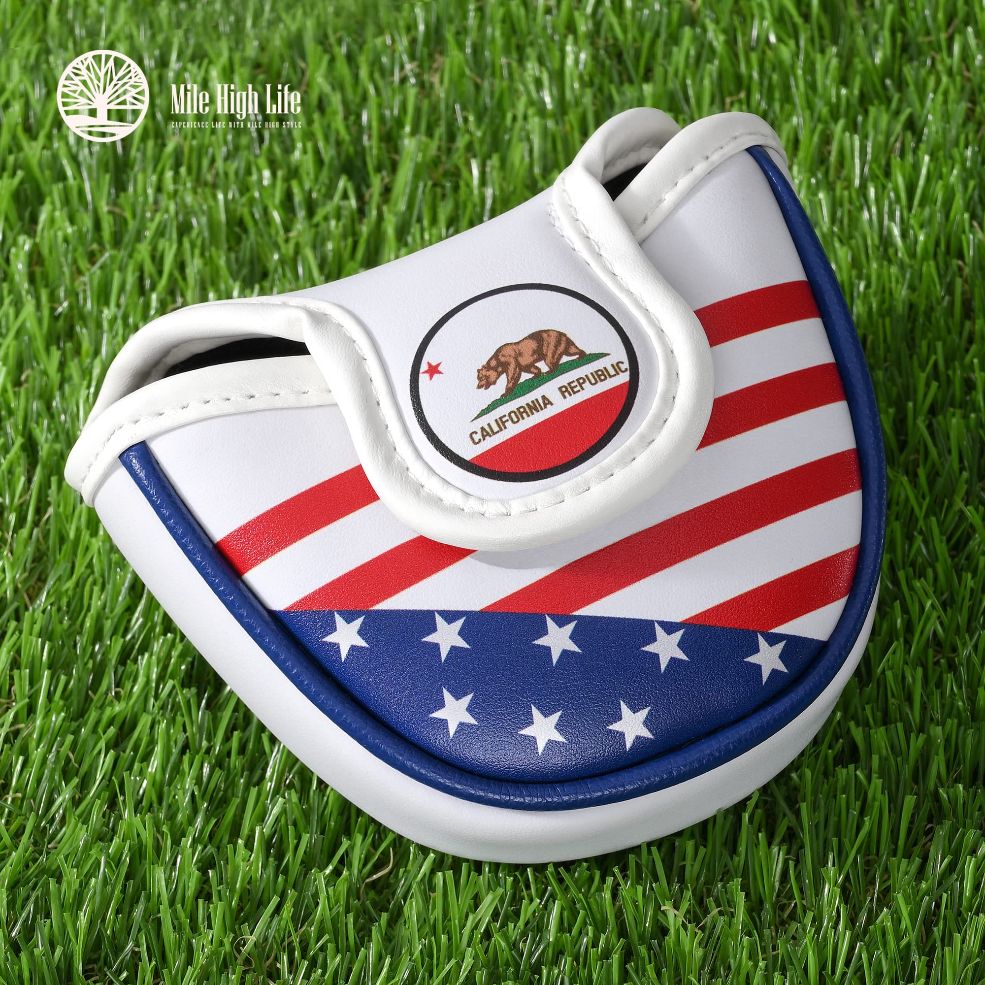 Mile High Life | US States Flag Mallet Putter Cover | Synthetic Leather Golf Head Covers | America Flag Putter Headcover compatible with Odyssey/Taylormade/Scotty Cameron Putters (California)