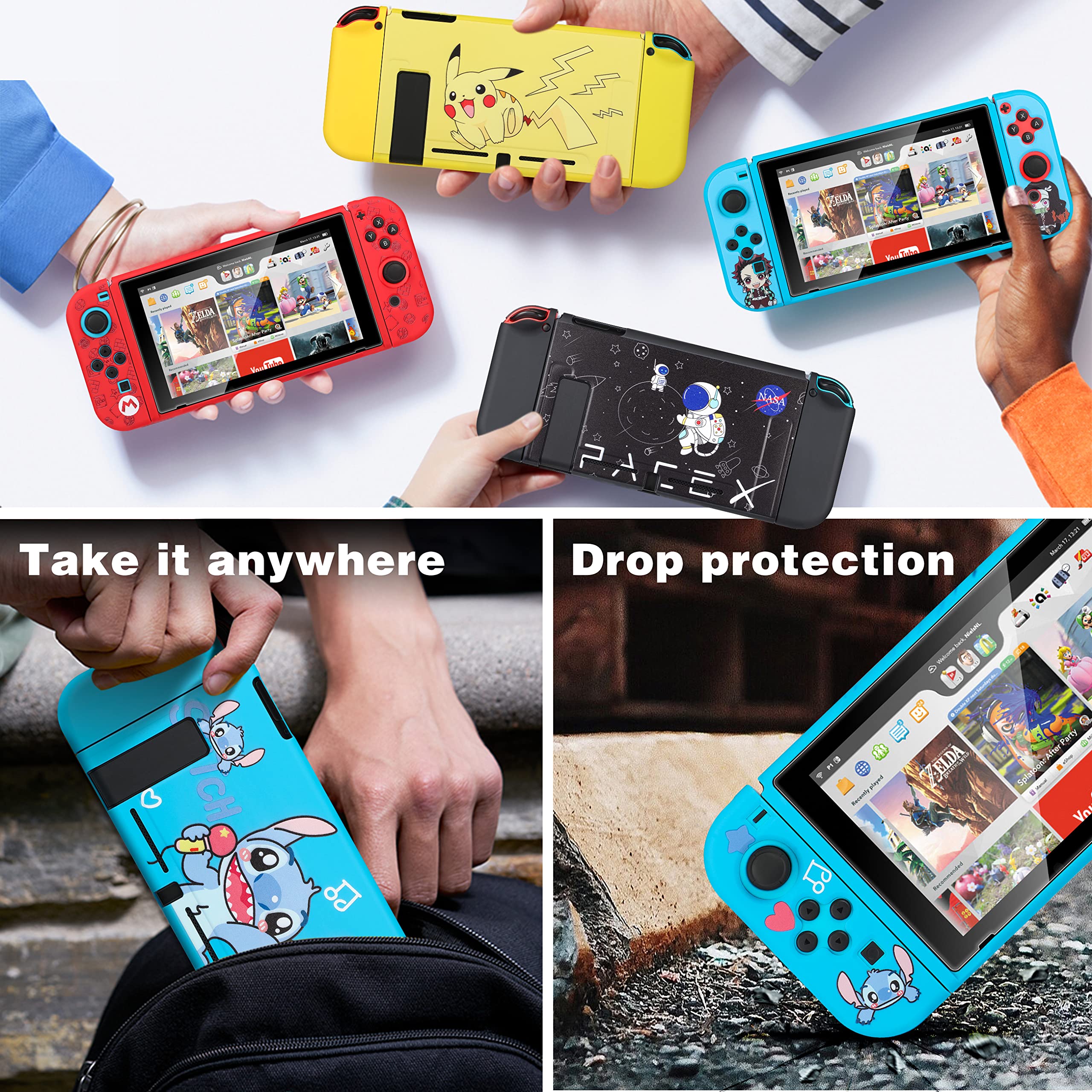 oqpa for Nintendo Switch Case Cute Kawaii Cartoon Design Cover, Fun Funny Switch Game Shell for Girls Kids Screen Protector Glass + TPU Soft Cases for Nintendo Switch (Blue Stitc)