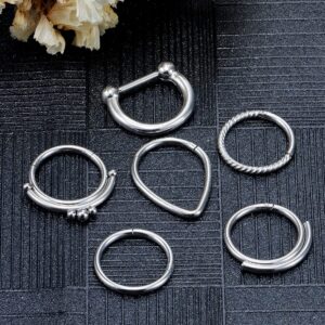 Vsnnsns 16G Septum Ring Septum Piercing Jewelry CZ Septum Clicker Ring Stainless Steel Hinged Segment Septum Nose Rings Hoop Piercing Jewelry for Women Men 16 Gauge Silver 10mm 6pcs