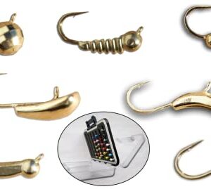 Tungsten Ice Fishing Jigs - Lucky 14 Pack Gold 4-6mm Free Tackle Box Case Included 1-2gm #8-10 Hook Lure Bait Walleye Crappie Panfish Trout