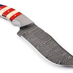 sharp knives Damascus hunting Knife With Leather Sheath- Best Damascus Steel American Flag Hunting Knife 703AF