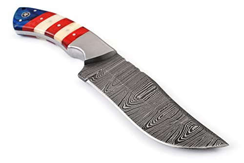 sharp knives Damascus hunting Knife With Leather Sheath- Best Damascus Steel American Flag Hunting Knife 703AF