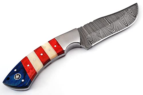 sharp knives Damascus hunting Knife With Leather Sheath- Best Damascus Steel American Flag Hunting Knife 703AF