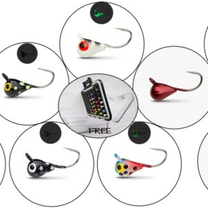 Tungsten UV Glow Ice Fishing Jigs - Divine 9 X 2=18 Pack Plus Free Tackle Box Case Included 4mm 1.1gm #10 Hook Lure Bait Walleye Crappie Panfish Trout