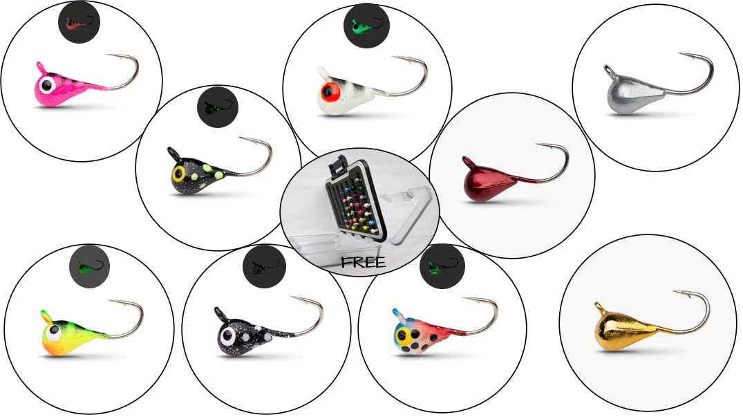 Tungsten UV Glow Ice Fishing Jigs - Divine 9 X 2=18 Pack Plus Free Tackle Box Case Included 4mm 1.1gm #10 Hook Lure Bait Walleye Crappie Panfish Trout