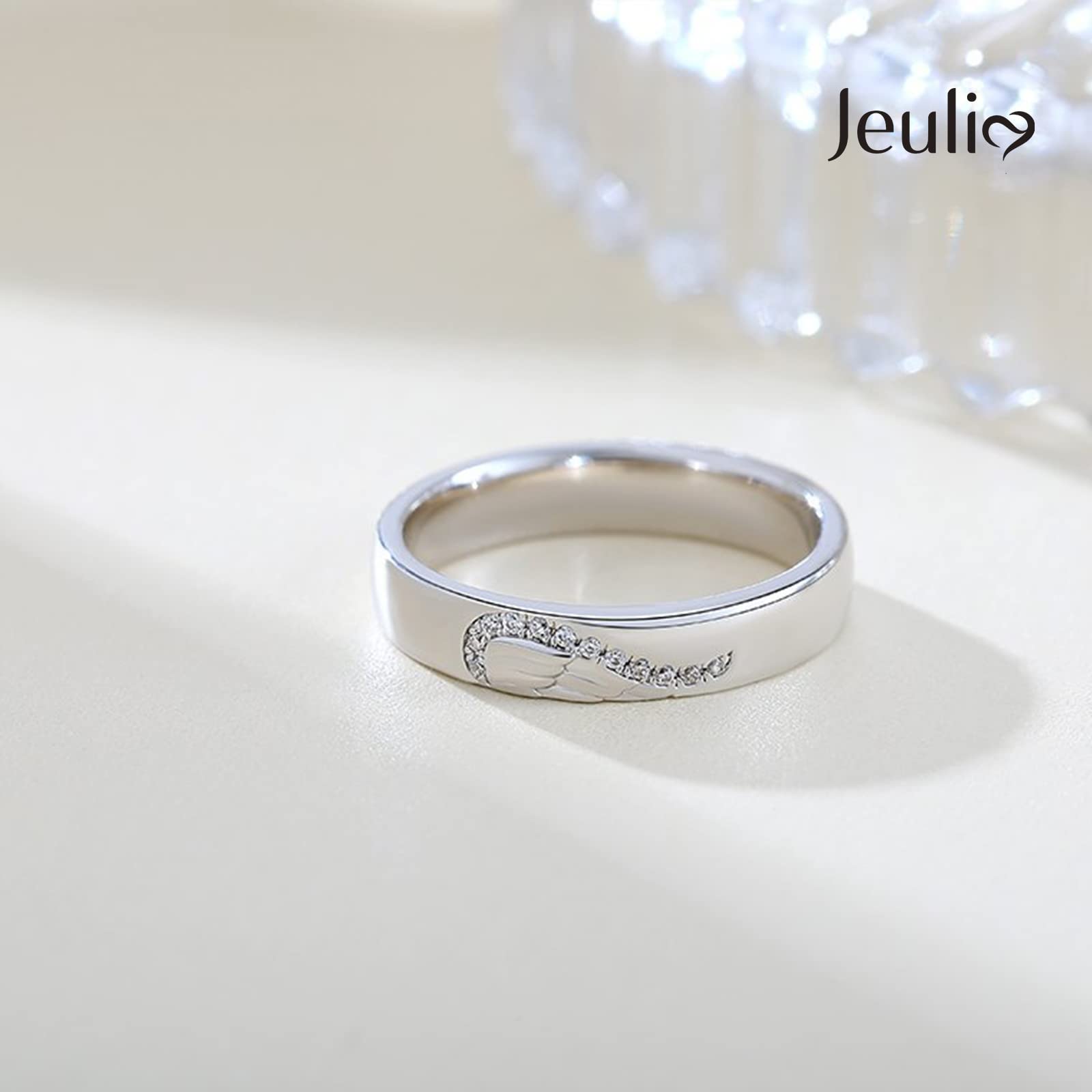 Jeulia Sterling Silver Band for Women Heart Shape Two Tone Angel Wing Fingerprint Inlay Rings Couples Wedding Engagement Promise Jewelry with Gifts Box (Angel Wing, 7.5)