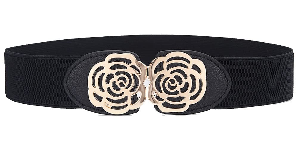 YOU&M Women's Elastic Metar Rose Double-Flower Stretch Corset Waist Belts for Elegant Dresses (Black)