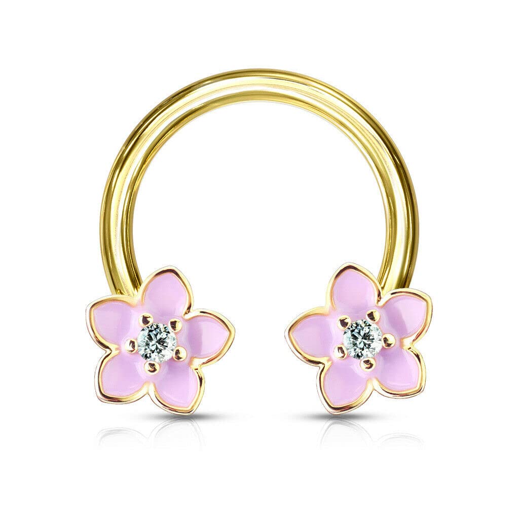 14G 1 2 Pink Enamel CZ Flower Yellow Gold Plated Horseshoe Nipple Ring Septum Yellow,Pink