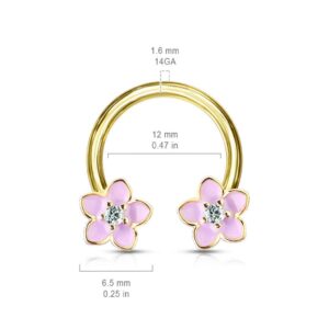 14G 1 2 Pink Enamel CZ Flower Yellow Gold Plated Horseshoe Nipple Ring Septum Yellow,Pink