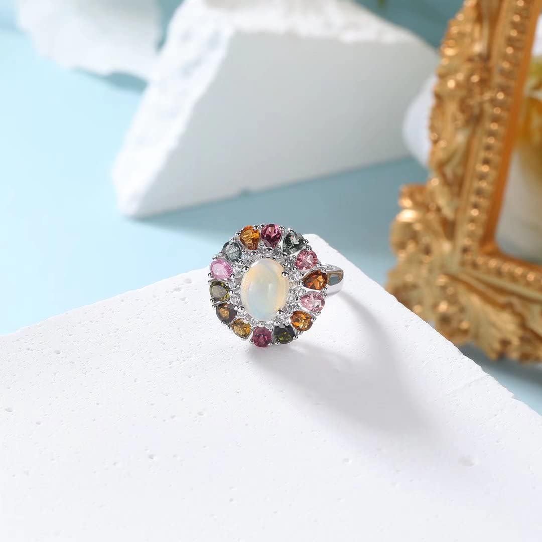 supermodel Multicolor Gemstone Signet Ring for Women Wedding Anniversary Jewelry Sterling Silver Band 925 Stamped Tourmaline Diamond Gem Ring Luxury Opal Ring Cocktail Rings Size 9