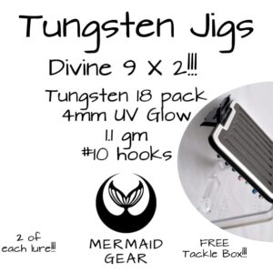 Tungsten UV Glow Ice Fishing Jigs - Divine 9 X 2=18 Pack Plus Free Tackle Box Case Included 4mm 1.1gm #10 Hook Lure Bait Walleye Crappie Panfish Trout