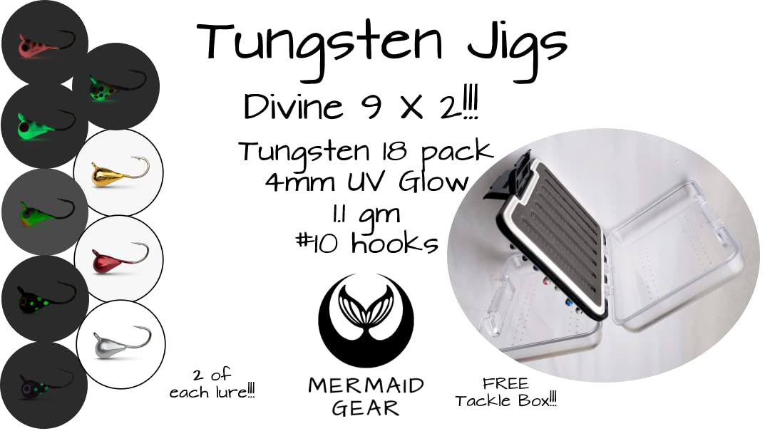 Tungsten UV Glow Ice Fishing Jigs - Divine 9 X 2=18 Pack Plus Free Tackle Box Case Included 4mm 1.1gm #10 Hook Lure Bait Walleye Crappie Panfish Trout