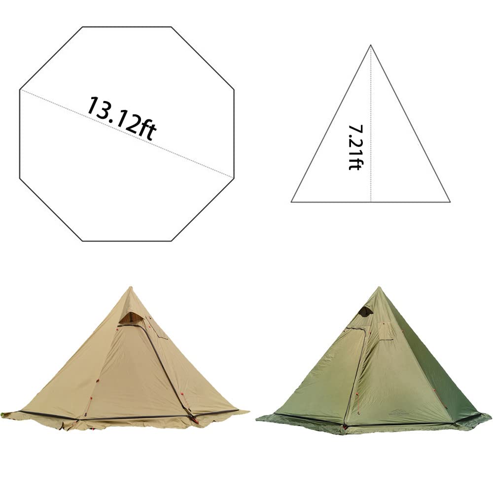 Vilemoon Tipi Hot Tent with Fire Retardant Stove Jack for Flue Pipes, 3~4 Person, Lightweight, Teepee Tents for Family Team Outdoor Backpacking Camping Hiking (Green)