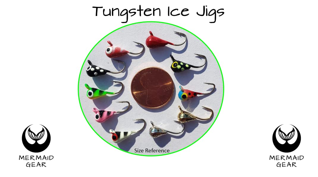 Tungsten UV Glow Ice Fishing Jigs - Divine 9 X 2=18 Pack Plus Free Tackle Box Case Included 4mm 1.1gm #10 Hook Lure Bait Walleye Crappie Panfish Trout