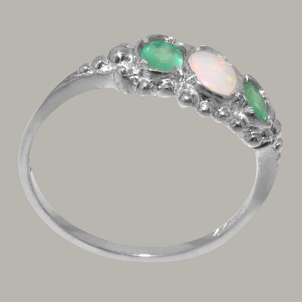 Stunning 925 Sterling Silver Natural Opal & Emerald Womens Engagement Ring - Size 8.5