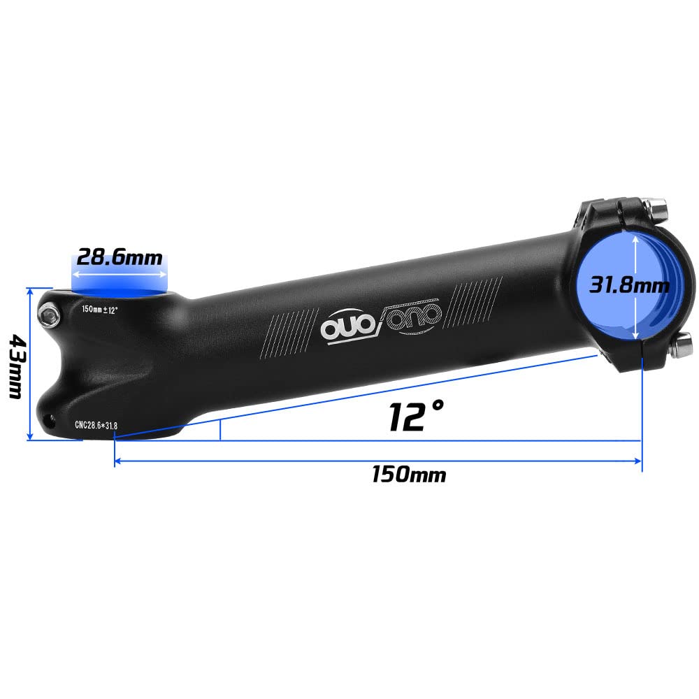 150mm Super Long Shock-Absorbing Bike Handlebar Stem for Road/Mountain Bike Aluminum Alloy CNC Fitting Pole Folding Bike Stems 12-Degree 31.8mm (Black)