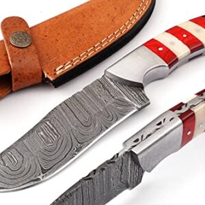 sharp knives Damascus hunting Knife With Leather Sheath- Best Damascus Steel American Flag Hunting Knife 703AF