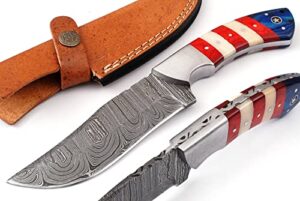 sharp knives damascus hunting knife with leather sheath- best damascus steel american flag hunting knife 703af