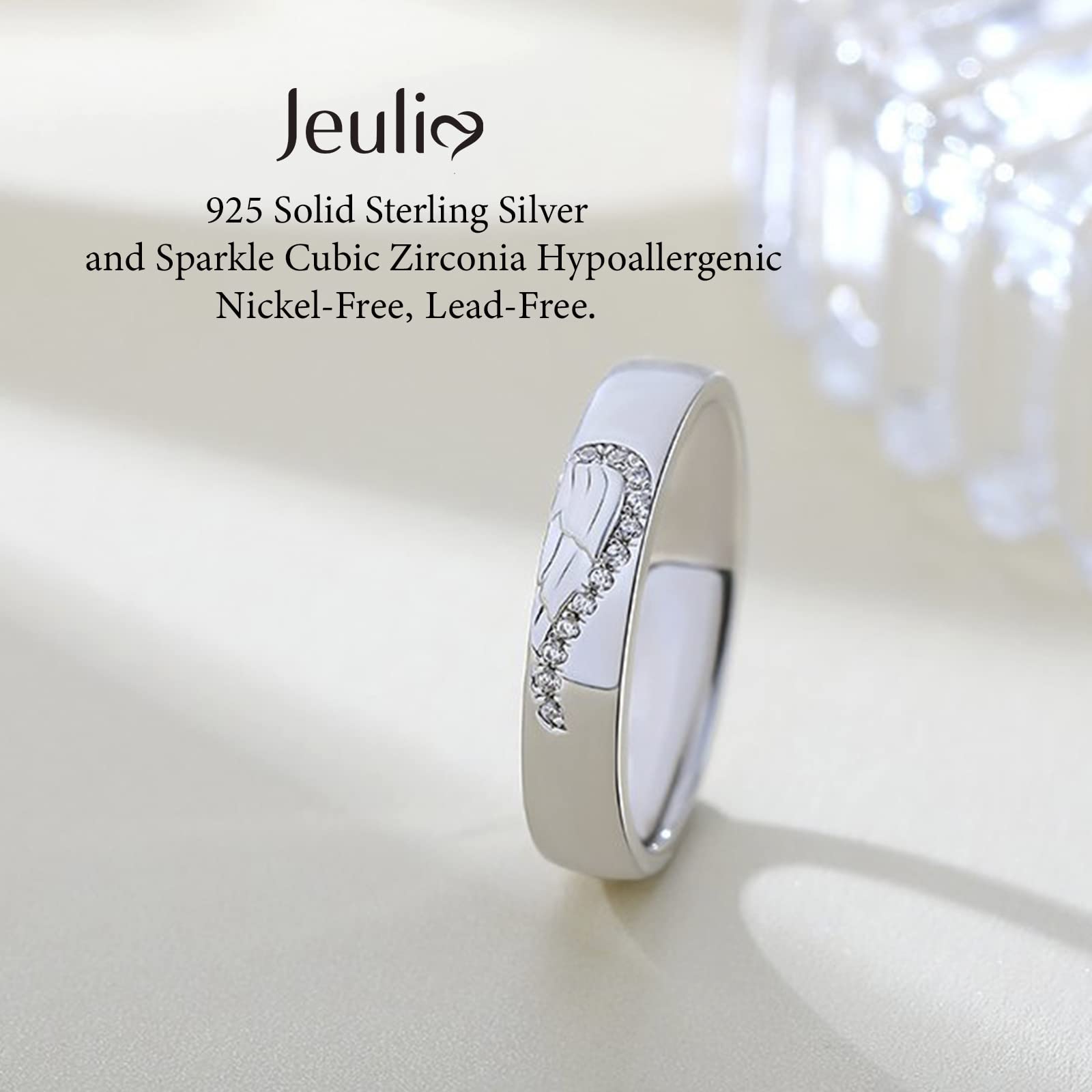 Jeulia Sterling Silver Band for Women Heart Shape Two Tone Angel Wing Fingerprint Inlay Rings Couples Wedding Engagement Promise Jewelry with Gifts Box (Angel Wing, 7.5)