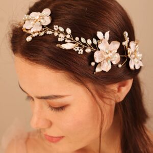 Kercisbeauty Wedding Bridal Gold Headband Women and Girls Flower Hair Piece for Special Occasion Photo Shoot Hair Vine Jewelry