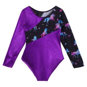 Fldy Kids Girls Shiny Metallic Gymnastics Leotards Long Sleeves Sparkly Ballet Dance Costumes One Piece Bodysuit Dancewear Purple 14 Years