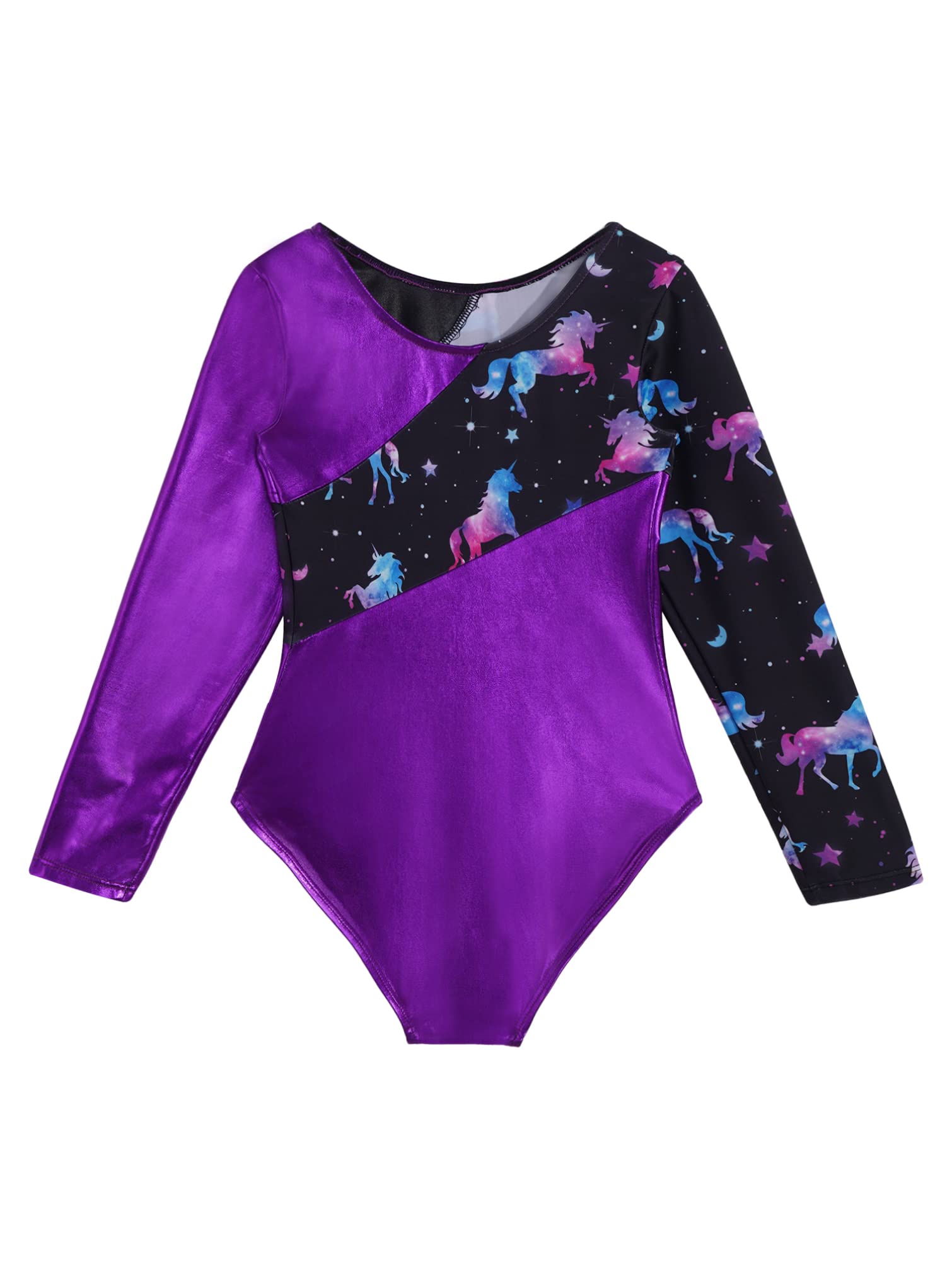 Fldy Kids Girls Shiny Metallic Gymnastics Leotards Long Sleeves Sparkly Ballet Dance Costumes One Piece Bodysuit Dancewear Purple 14 Years