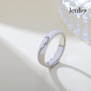 Jeulia Sterling Silver Band for Women Heart Shape Two Tone Angel Wing Fingerprint Inlay Rings Couples Wedding Engagement Promise Jewelry with Gifts Box (Angel Wing, 7.5)