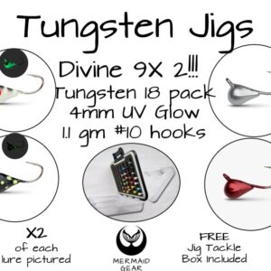 Tungsten UV Glow Ice Fishing Jigs - Divine 9 X 2=18 Pack Plus Free Tackle Box Case Included 4mm 1.1gm #10 Hook Lure Bait Walleye Crappie Panfish Trout