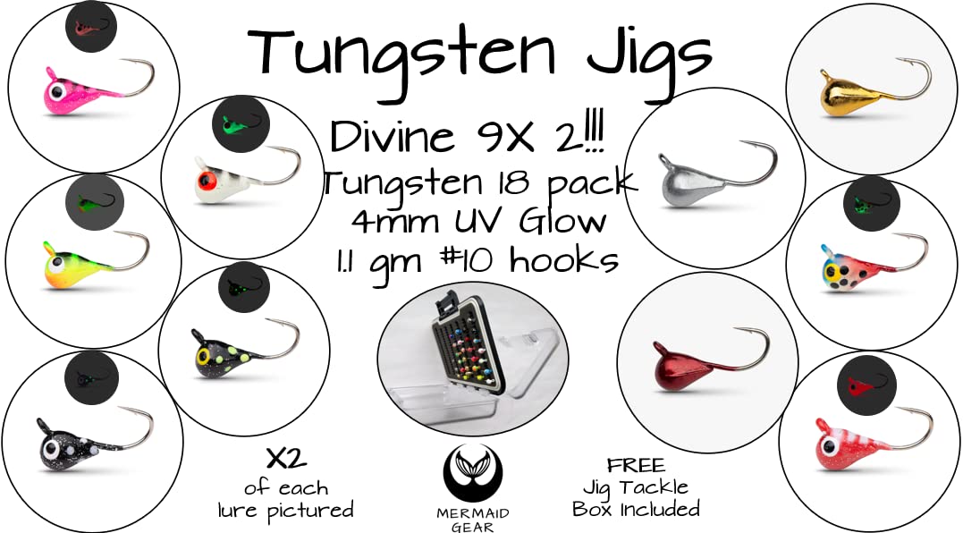 Tungsten UV Glow Ice Fishing Jigs - Divine 9 X 2=18 Pack Plus Free Tackle Box Case Included 4mm 1.1gm #10 Hook Lure Bait Walleye Crappie Panfish Trout