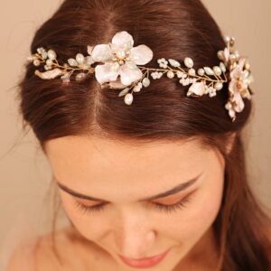 Kercisbeauty Wedding Bridal Gold Headband Women and Girls Flower Hair Piece for Special Occasion Photo Shoot Hair Vine Jewelry