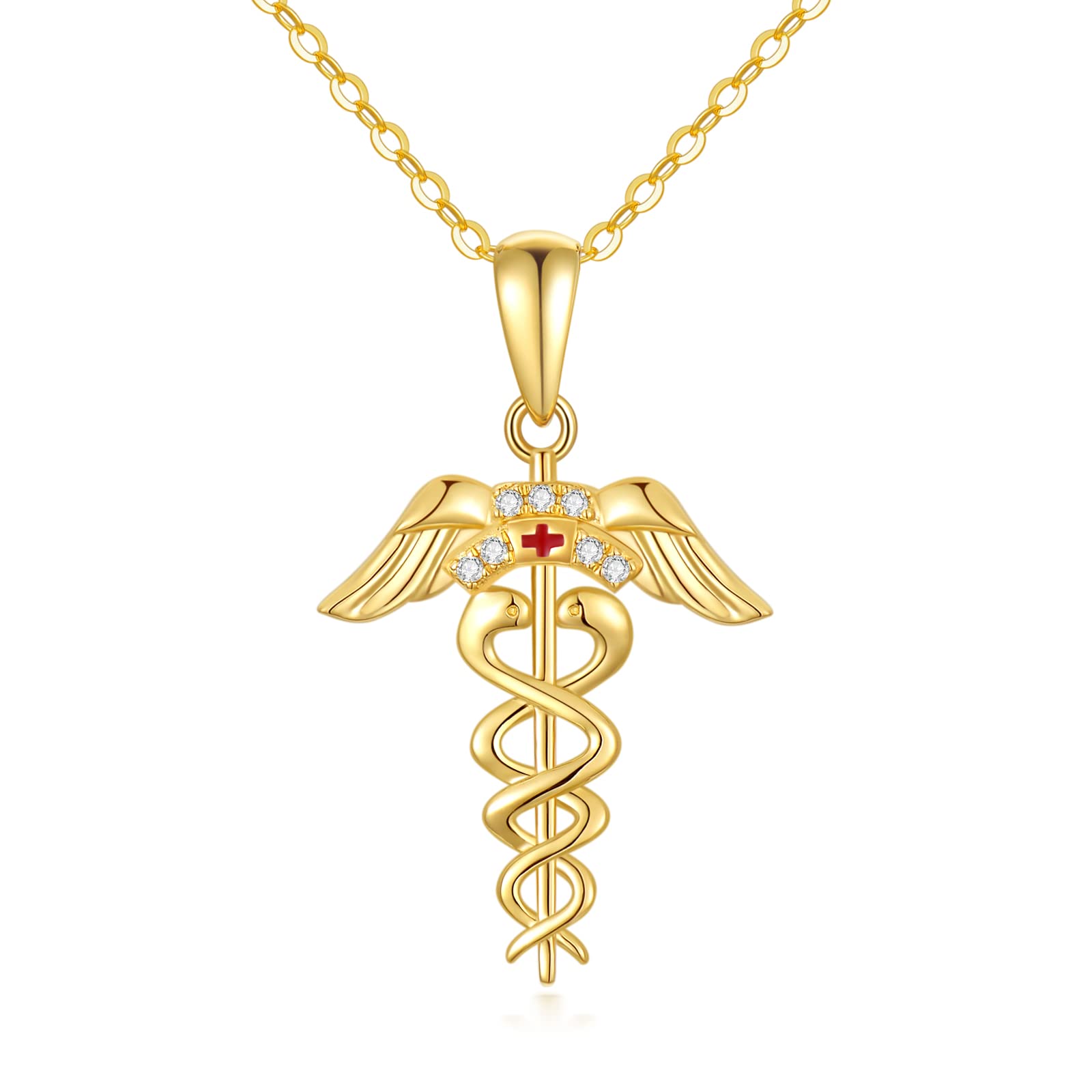 WSX Real 14k Yellow Gold Registered Nurse Necklace for Women RN Caduceus Pendant Medical Symbol Charm Fine Jewelry Gifts for Her