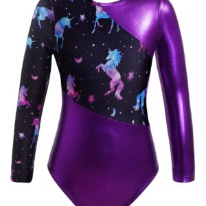 Fldy Kids Girls Shiny Metallic Gymnastics Leotards Long Sleeves Sparkly Ballet Dance Costumes One Piece Bodysuit Dancewear Purple 14 Years