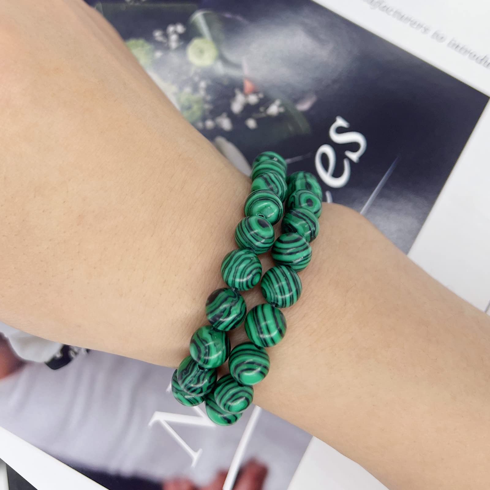 HUJUON 2Pcs Natural Malachite Bracelet Set,Handmade Gemstone Malachite Stone Beaded Stretch Bracelets Yoga Natural Stone Beads Bracelet for Women Men (2Pcs)