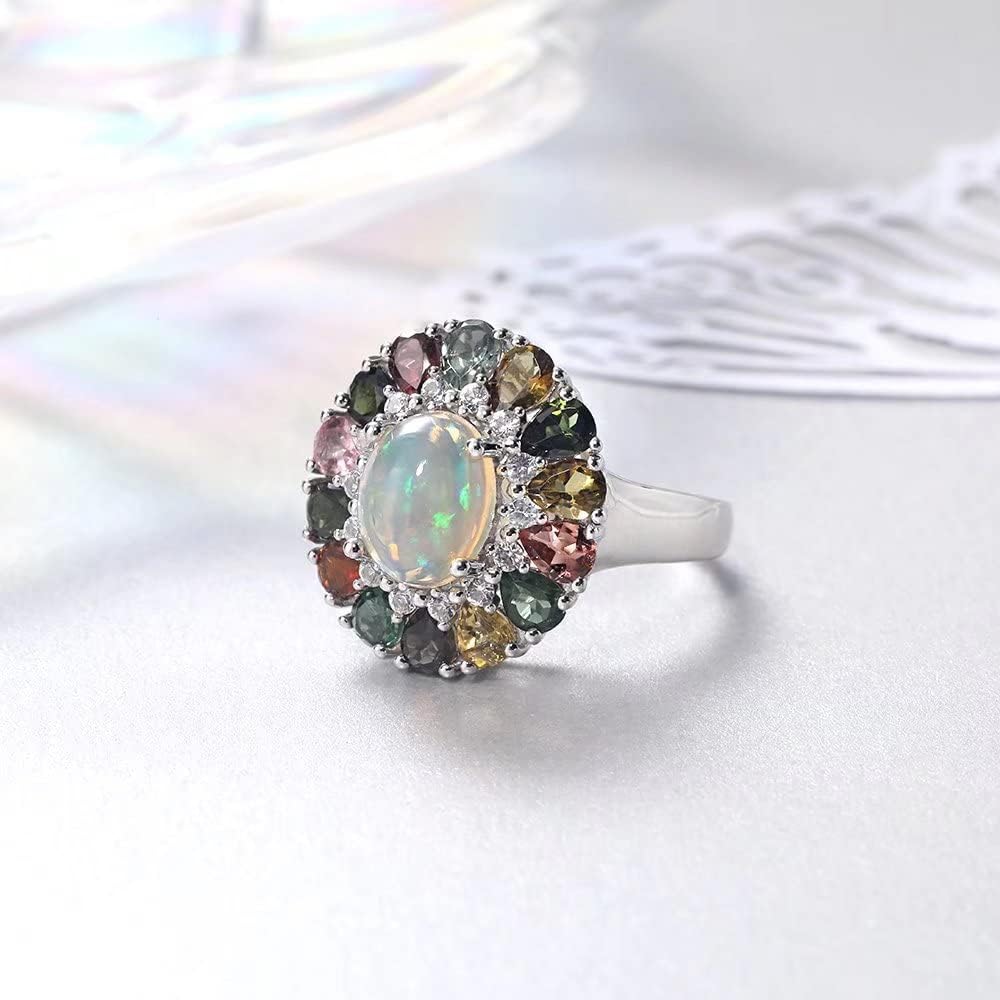 supermodel Multicolor Gemstone Signet Ring for Women Wedding Anniversary Jewelry Sterling Silver Band 925 Stamped Tourmaline Diamond Gem Ring Luxury Opal Ring Cocktail Rings Size 9